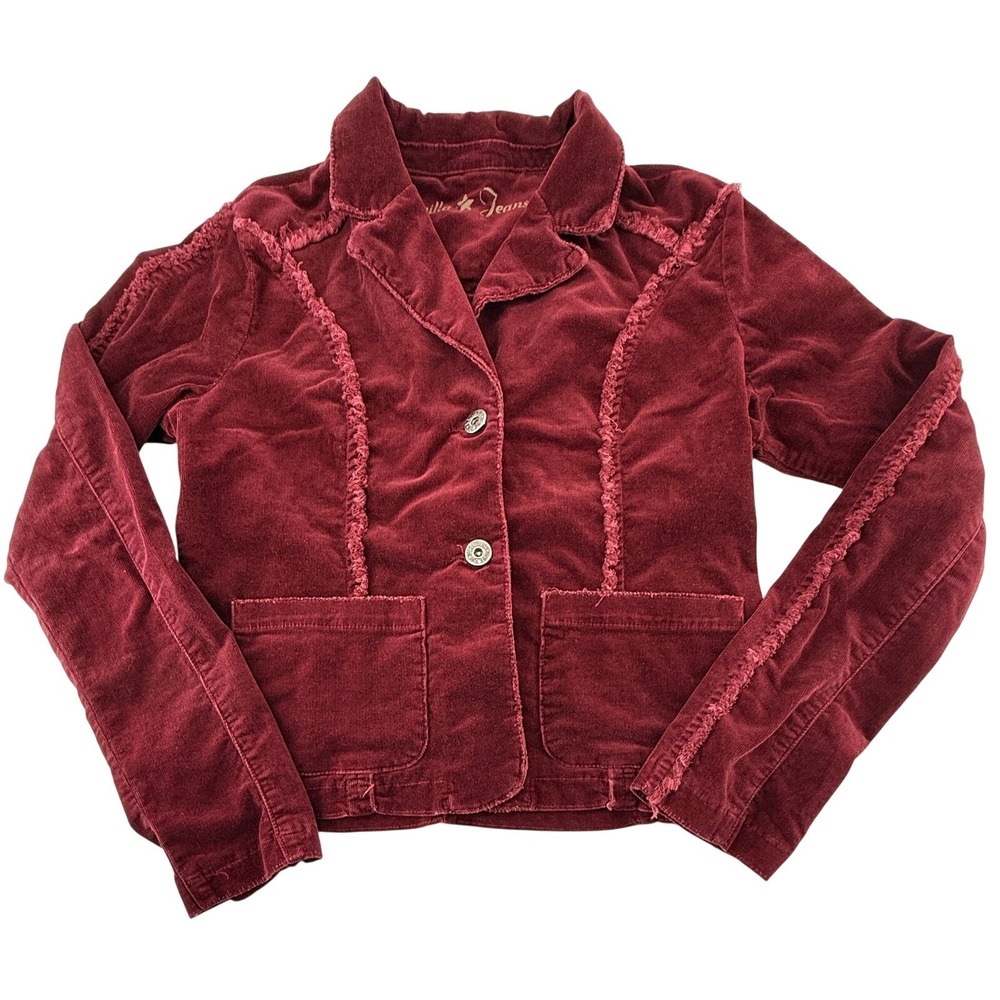 Vanilla Jeans Jacket Womens Large Burgundy Corduroy Cropped Raw Edge Button Y2K